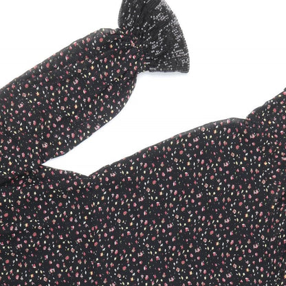 fuse Womens Black Floral Polyester Fit & Flare Size 14 Round Neck Button