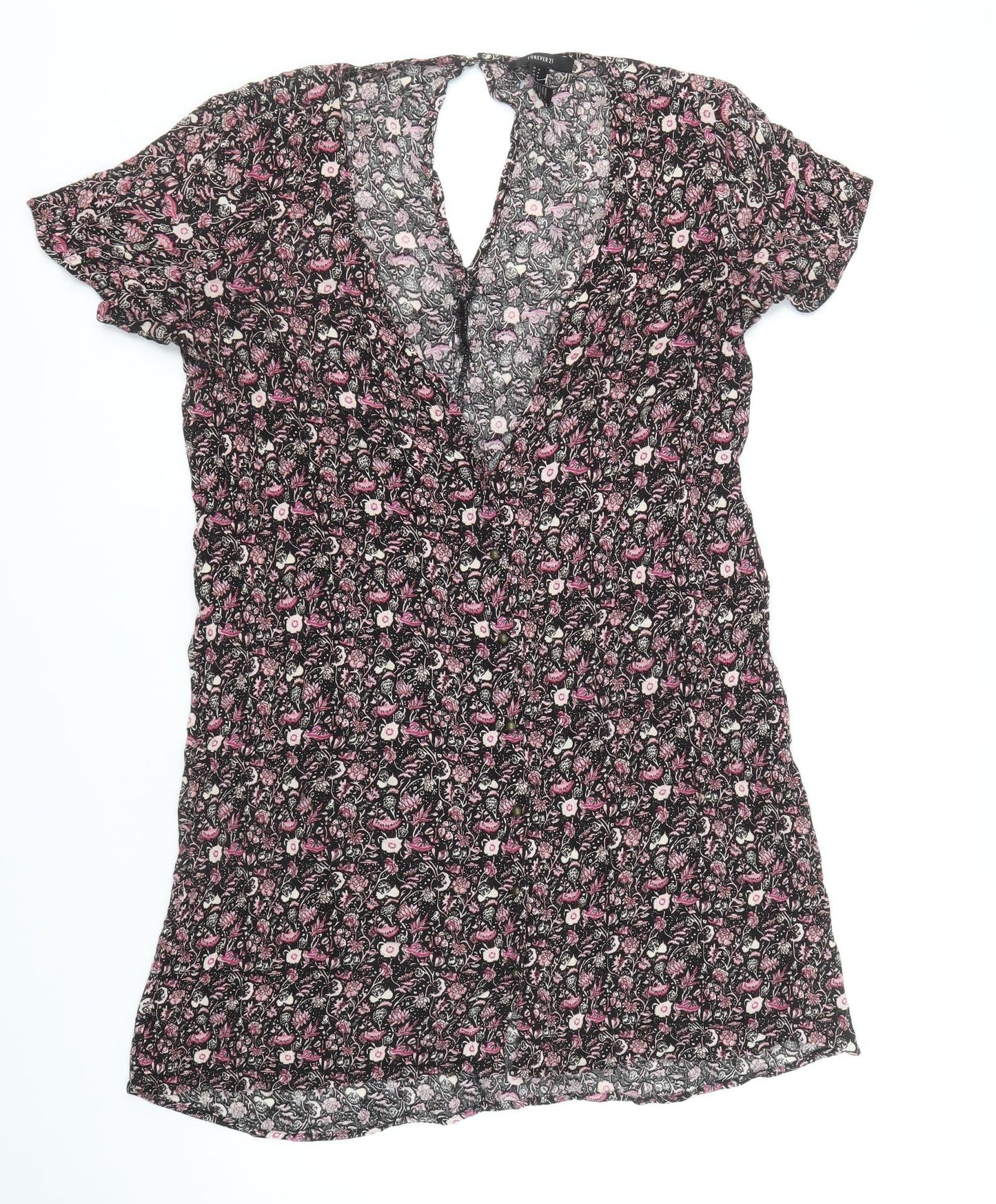 FOREVER 21 Womens Multicoloured Floral Viscose A-Line Size M V-Neck Button