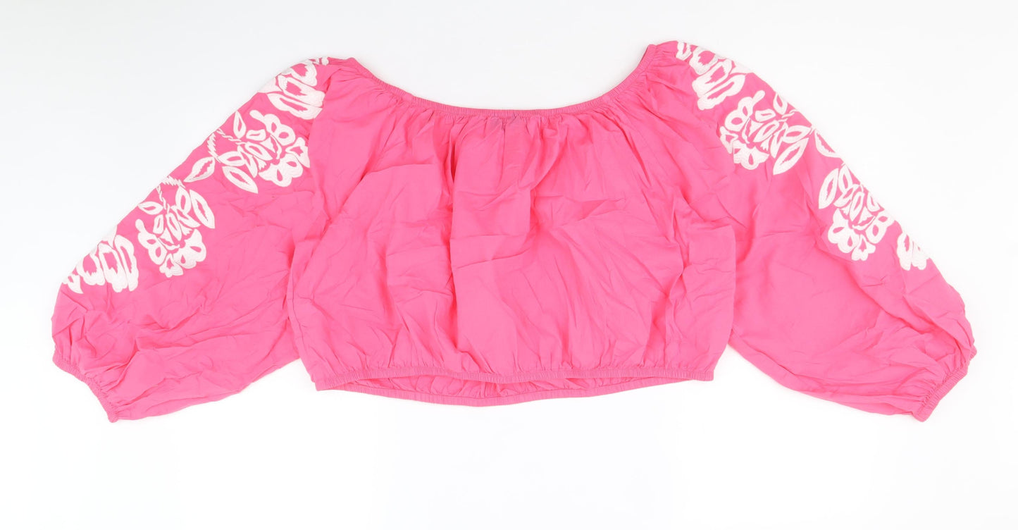Marks and Spencer Womens Pink 100% Cotton Cropped Blouse Size 22 Boat Neck - Flower Detail