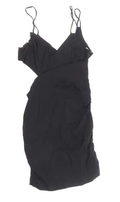 Zara Womens Black Linen Bodycon Size L V-Neck Zip