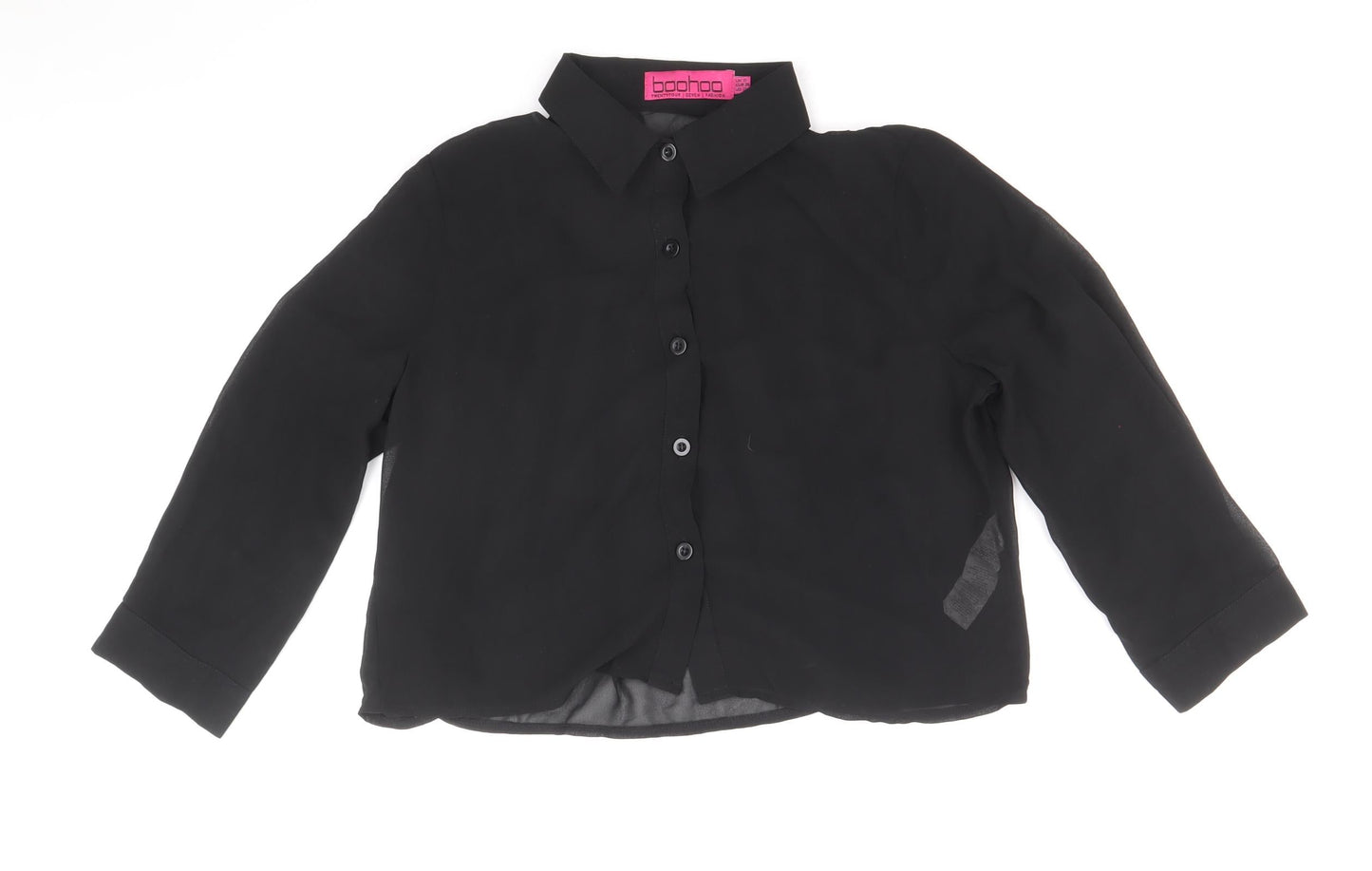 Boohoo Womens Black Polyester Cropped Button-Up Size 6 Collared - Chiffon Pleated Back