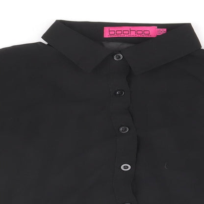Boohoo Womens Black Polyester Cropped Button-Up Size 6 Collared - Chiffon Pleated Back