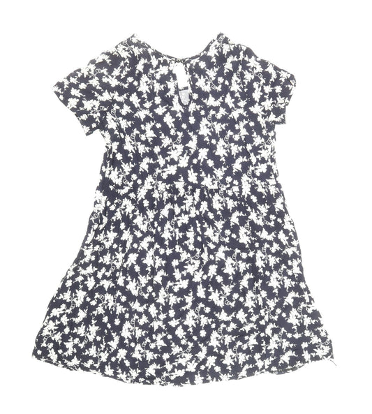 QED London Womens Blue Floral Viscose Trapeze & Swing Size 10 Boat Neck Button