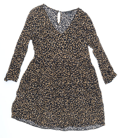New Look Womens Black Animal Print Viscose Fit & Flare Size 12 V-Neck Button - Cheetah Print