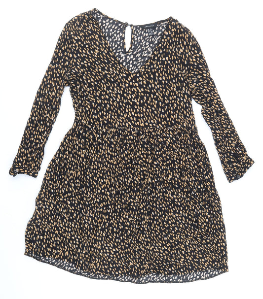 New Look Womens Black Animal Print Viscose Fit & Flare Size 12 V-Neck Button - Cheetah Print