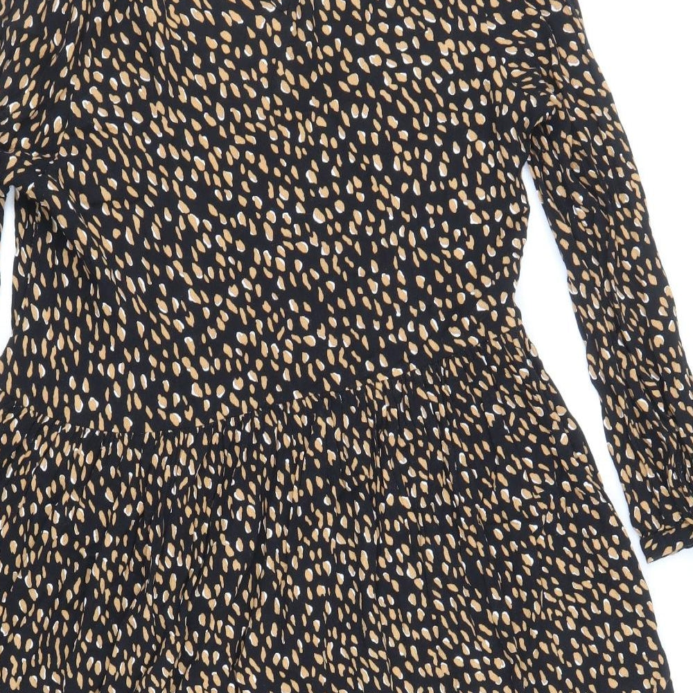 New Look Womens Black Animal Print Viscose Fit & Flare Size 12 V-Neck Button - Cheetah Print