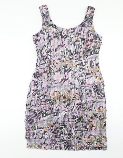 minuet Womens Purple Geometric Polyester A-Line Size 14 Round Neck Zip