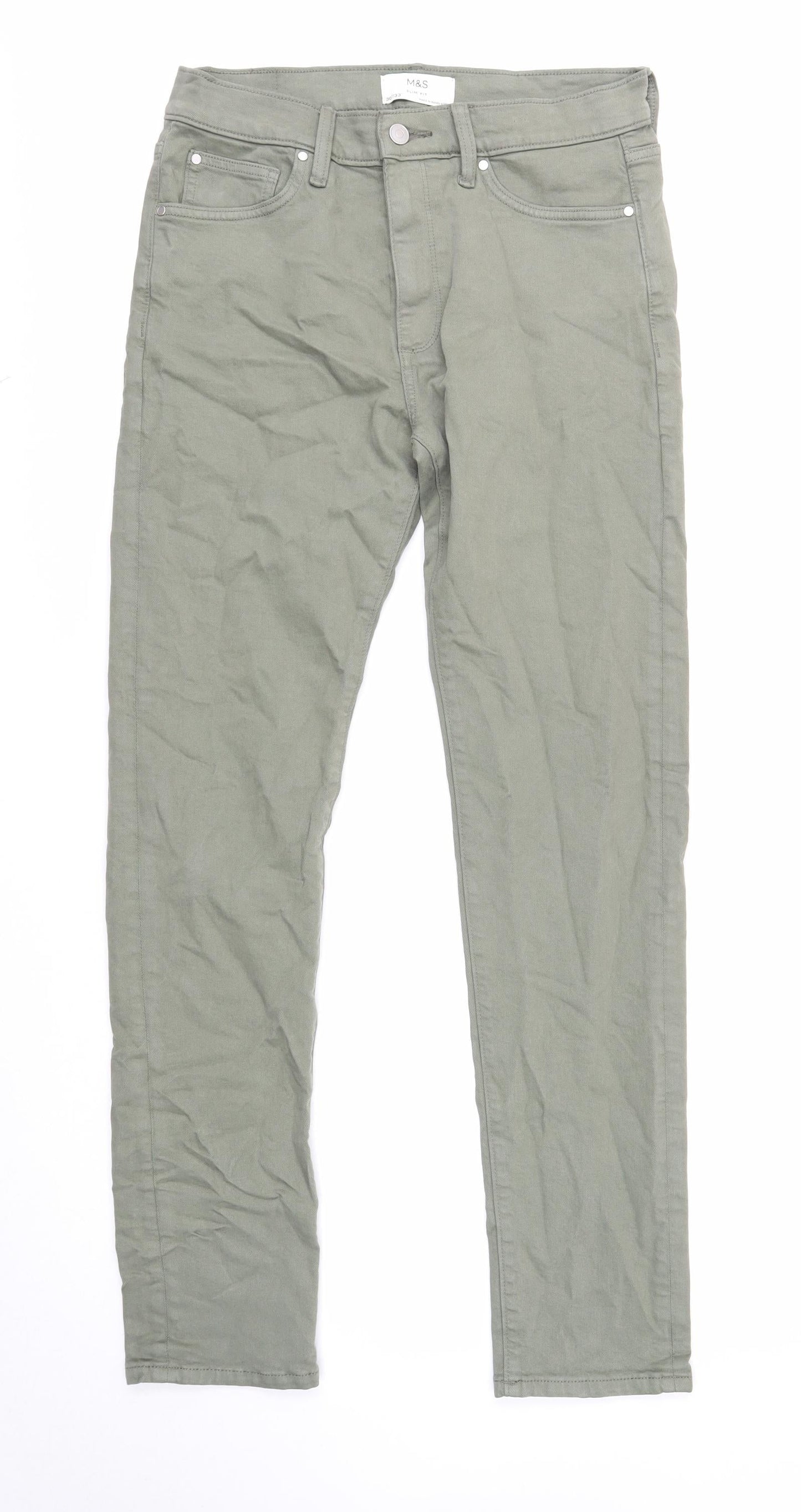 Marks and Spencer Mens Green Cotton Skinny Jeans Size 30 in L33 in Regular Zip
