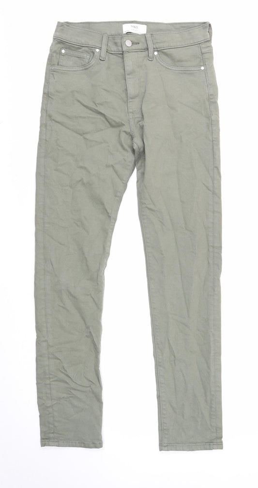 Marks and Spencer Mens Green Cotton Skinny Jeans Size 30 in L33 in Regular Zip