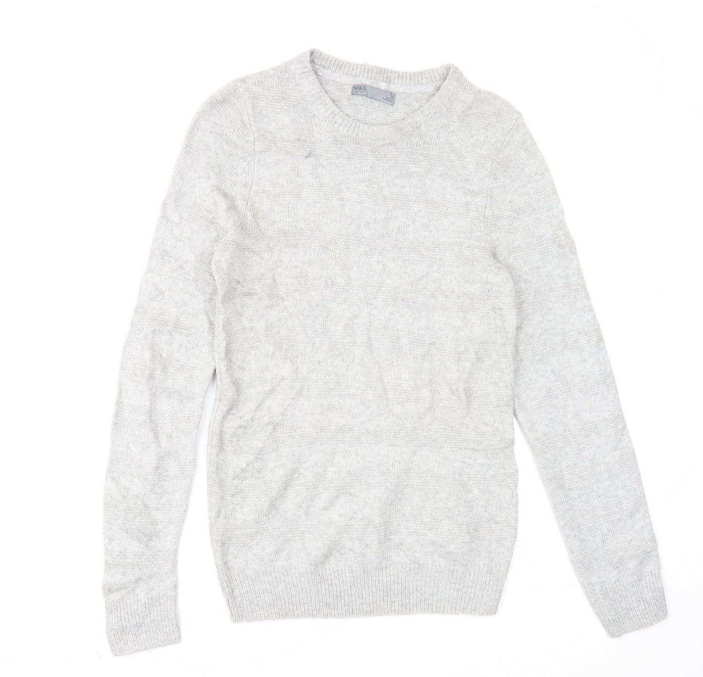 Marks and Spencer Mens Grey Round Neck Acrylic Pullover Jumper Size S Long Sleeve