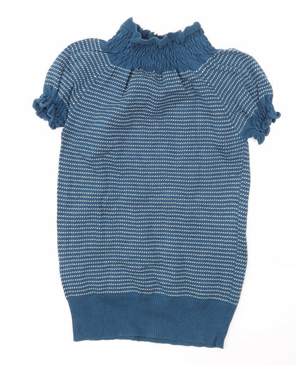 Max C Womens Blue High Neck Striped Cotton Pullover Jumper Size L