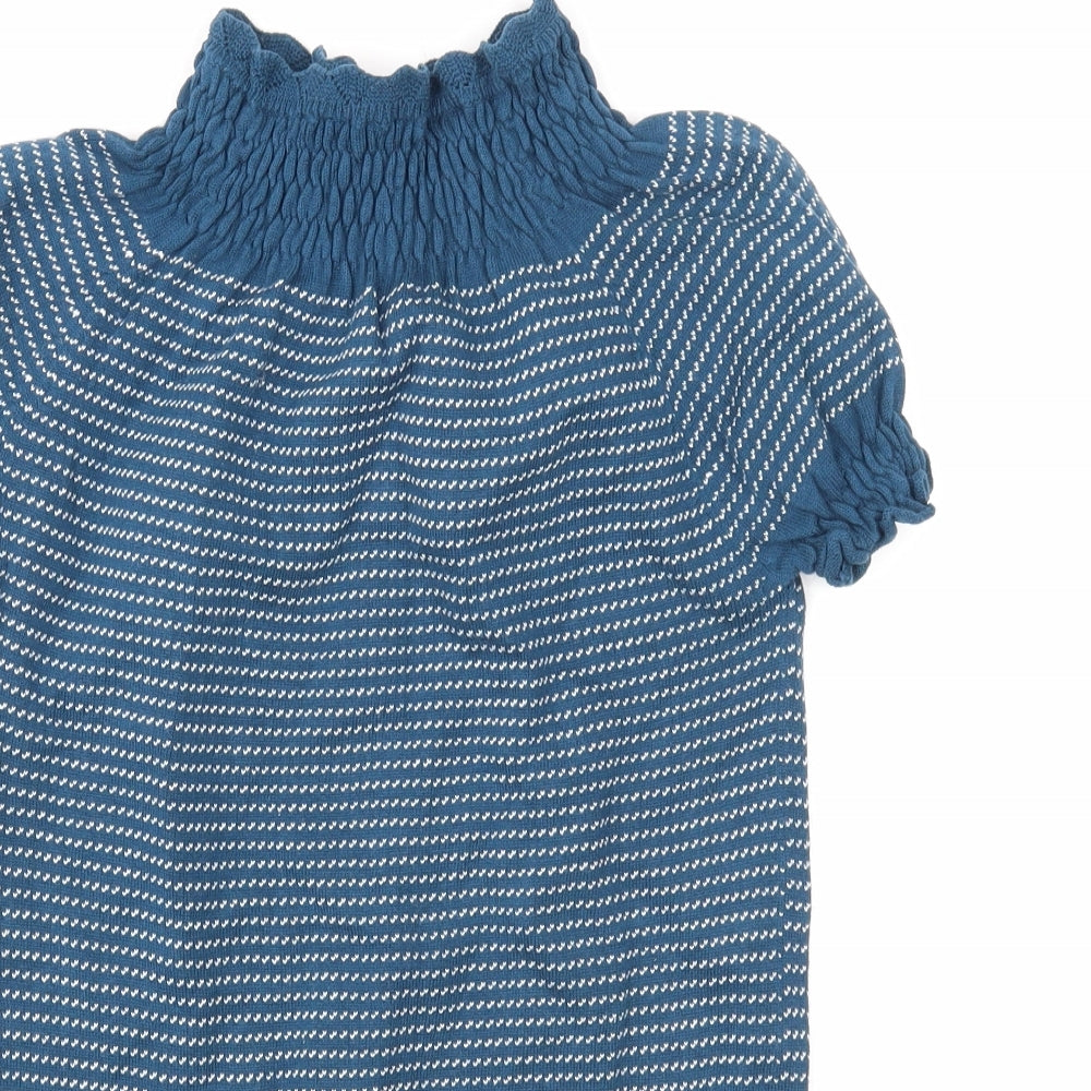 Max C Womens Blue High Neck Striped Cotton Pullover Jumper Size L