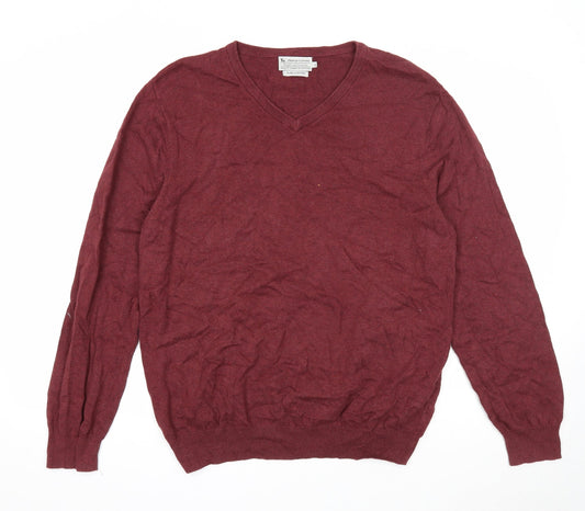 TU Mens Purple V-Neck Cotton Pullover Jumper Size L Long Sleeve