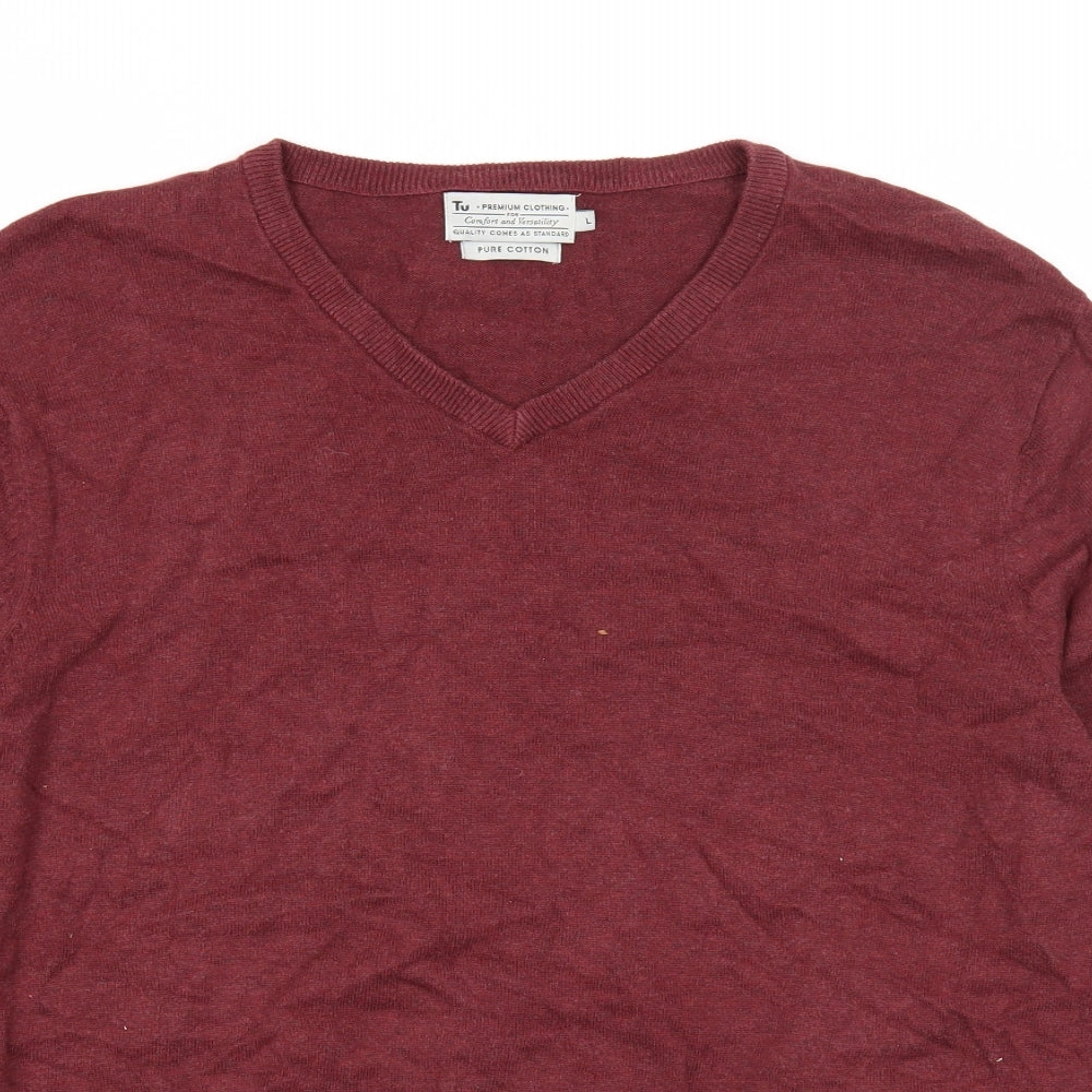 TU Mens Purple V-Neck Cotton Pullover Jumper Size L Long Sleeve