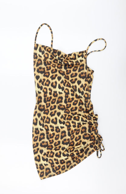 PRETTYLITTLETHING Womens Brown Animal Print Polyester Mini Size 8 Cowl Neck Pullover - Leopard Print