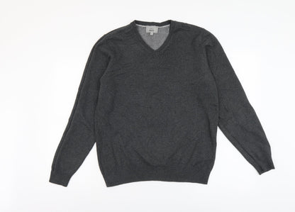 Marks and Spencer Mens Grey V-Neck Cotton Pullover Jumper Size S Long Sleeve