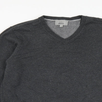 Marks and Spencer Mens Grey V-Neck Cotton Pullover Jumper Size S Long Sleeve