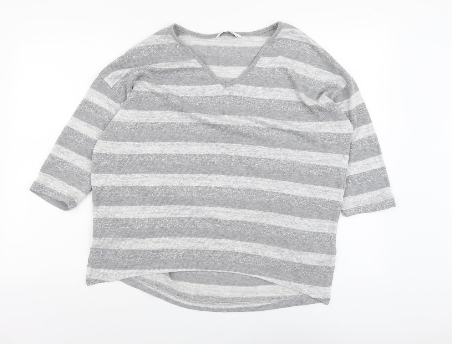 TU Womens Grey V-Neck Striped Polyester Pullover Jumper Size 16