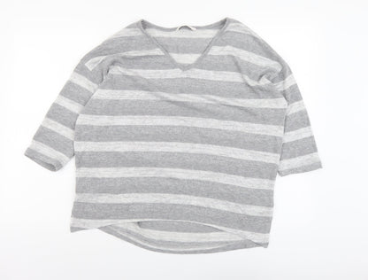 TU Womens Grey V-Neck Striped Polyester Pullover Jumper Size 16