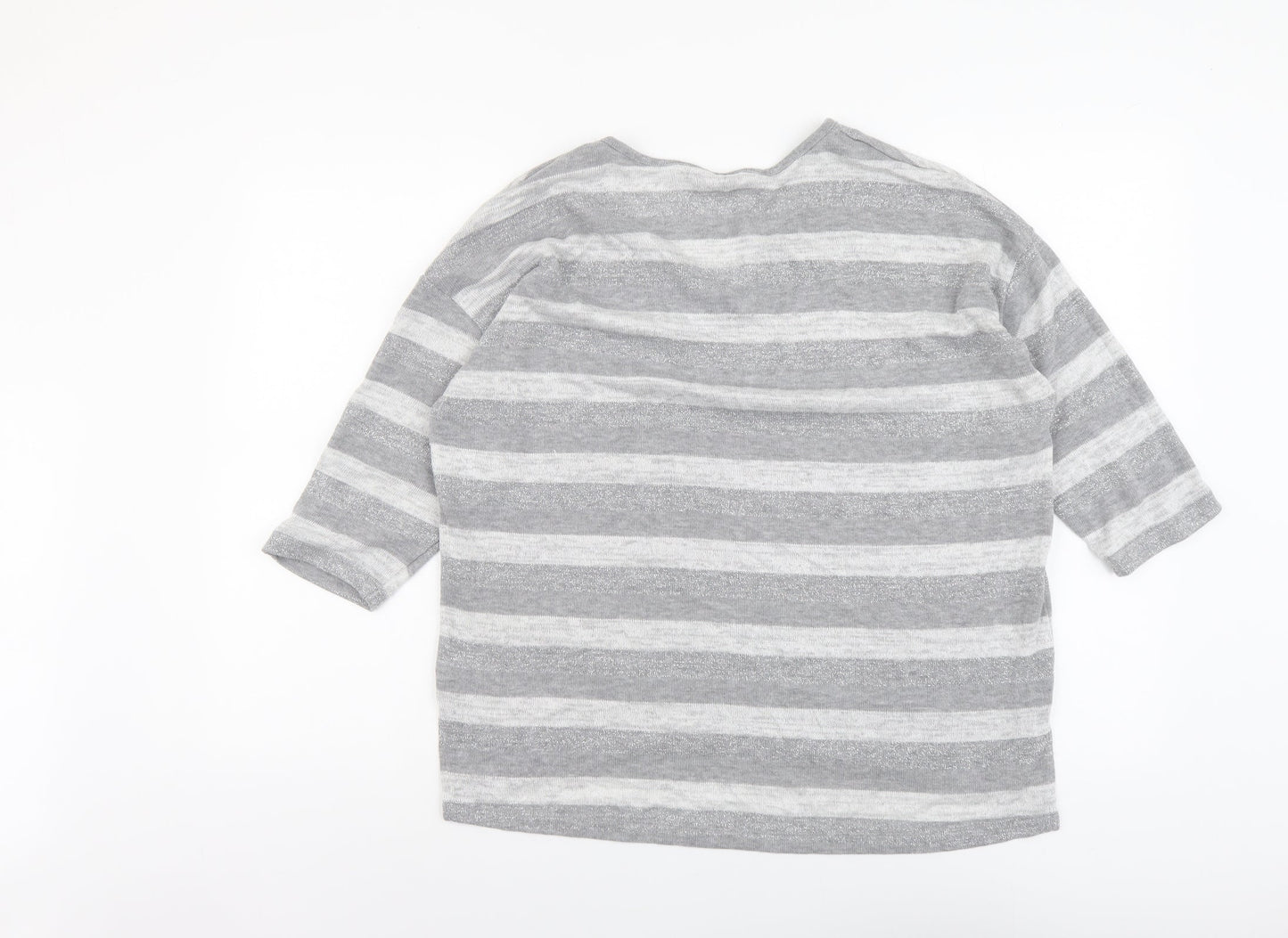 TU Womens Grey V-Neck Striped Polyester Pullover Jumper Size 16