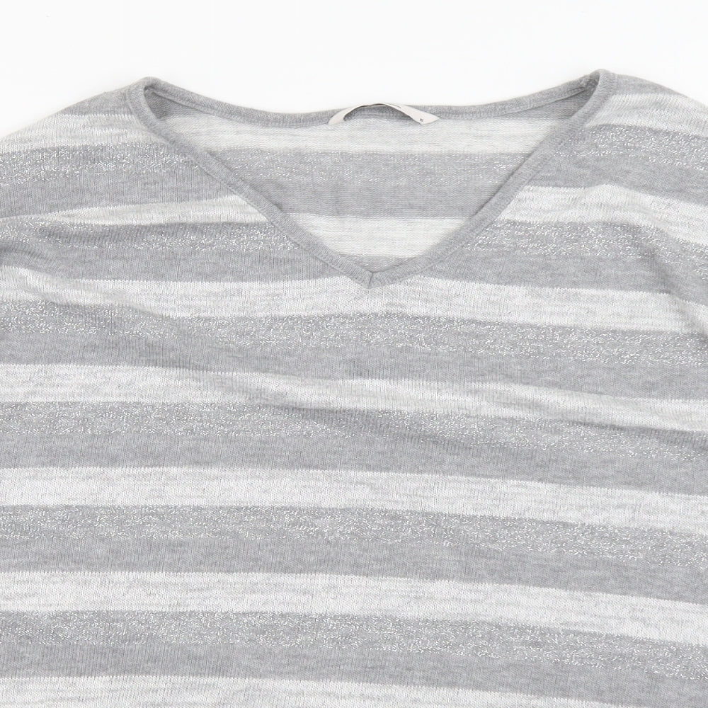 TU Womens Grey V-Neck Striped Polyester Pullover Jumper Size 16