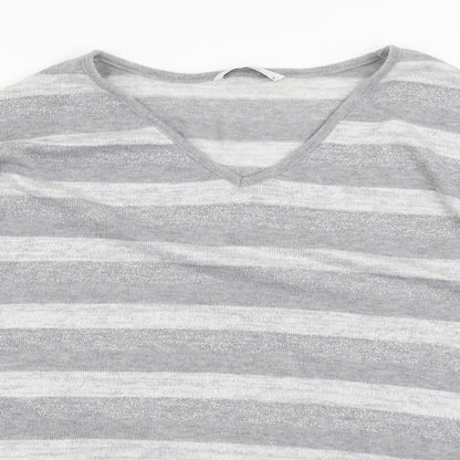 TU Womens Grey V-Neck Striped Polyester Pullover Jumper Size 16