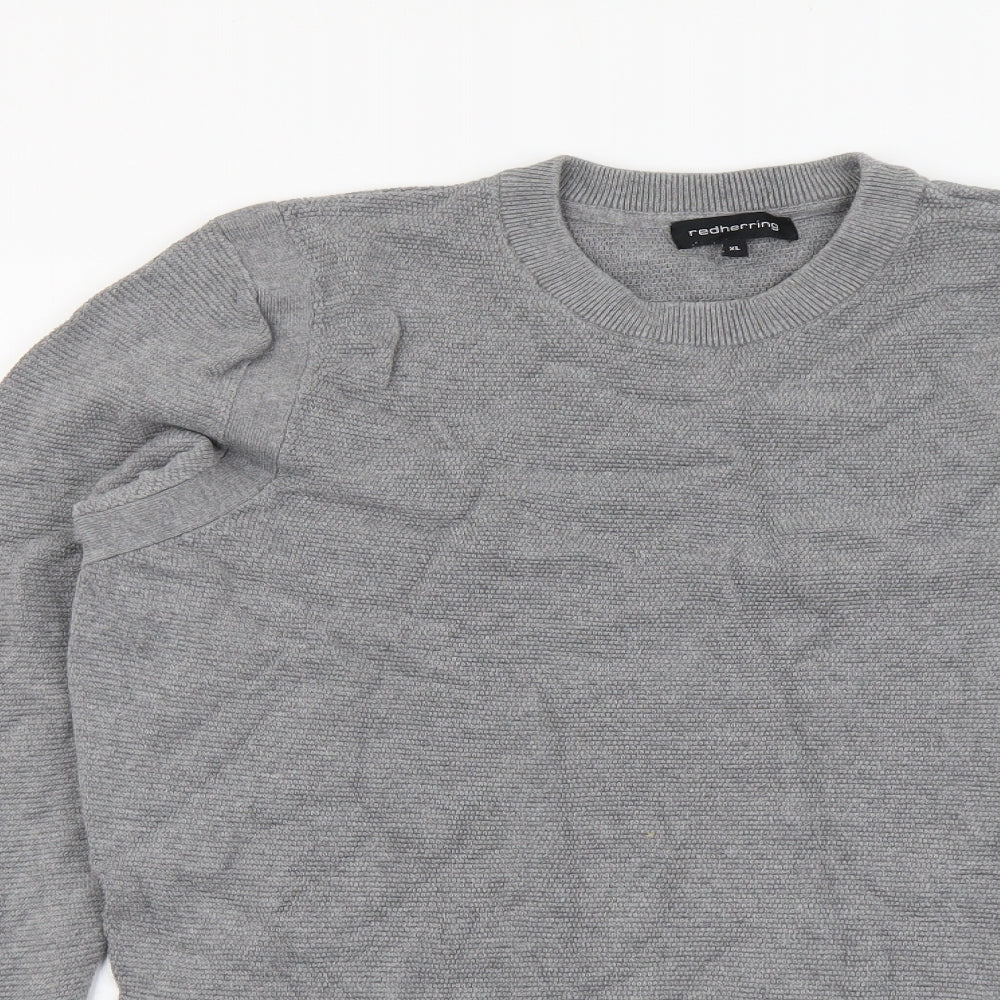 Red Herring Mens Grey Round Neck Cotton Pullover Jumper Size XL Long Sleeve