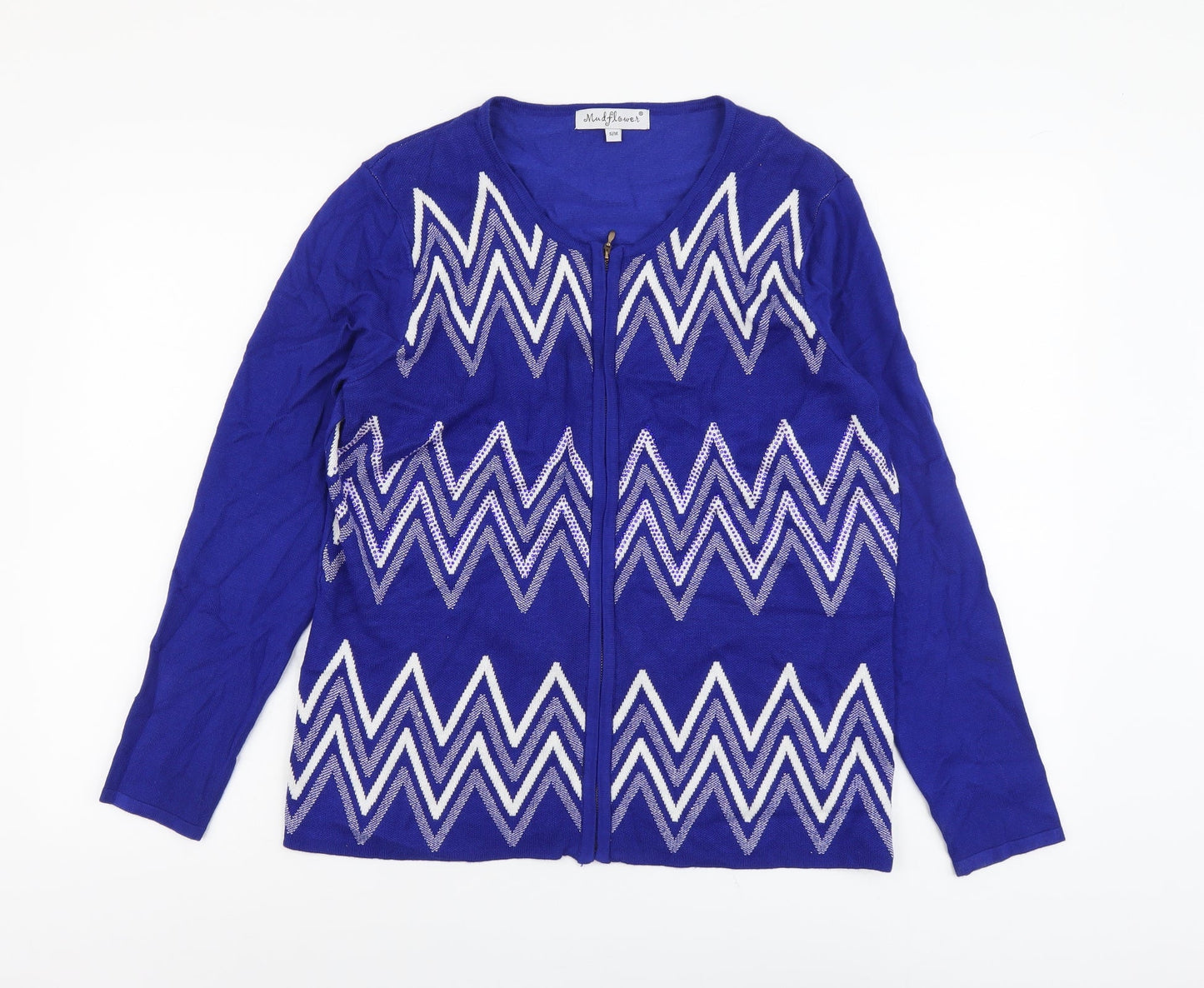 Mund Flowers Womens Blue Scoop Neck Geometric Viscose Full Zip Jumper Size S