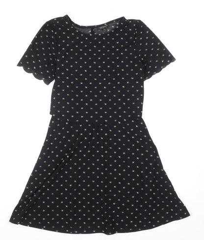 Topshop Womens Black Floral Polyester Fit & Flare Size 6 Round Neck Pullover