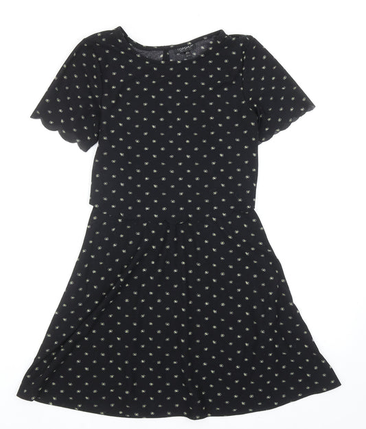 Topshop Womens Black Floral Polyester Fit & Flare Size 6 Round Neck Pullover