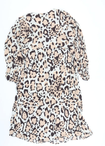 Marks and Spencer Womens Brown Animal Print Viscose A-Line Size 12 Boat Neck Button