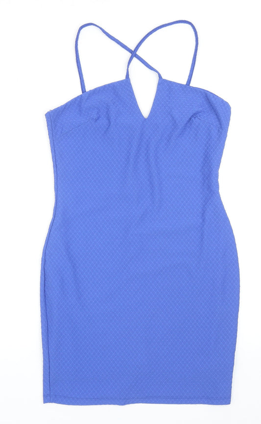 Miss Selfridge Womens Blue Polyester Bodycon Size 14 V-Neck Pullover