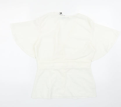 Boohoo Womens White Polyester Basic Blouse Size 14 V-Neck - Angel Sleeve