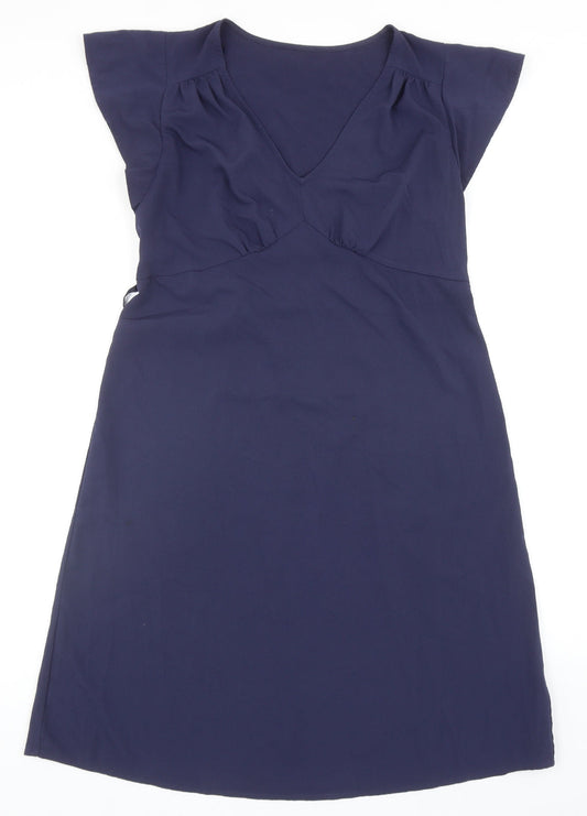 Marks and Spencer Womens Blue Herringbone Polyester A-Line Size 12 V-Neck Pullover