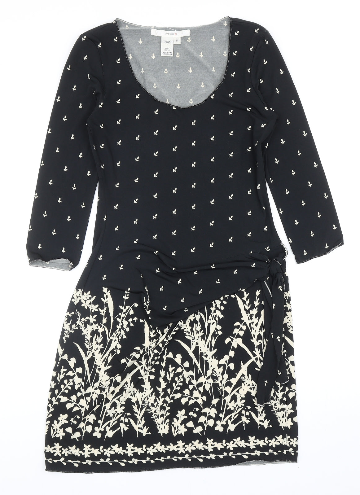 Studio Womens Black Floral Polyester A-Line Size S Scoop Neck Pullover
