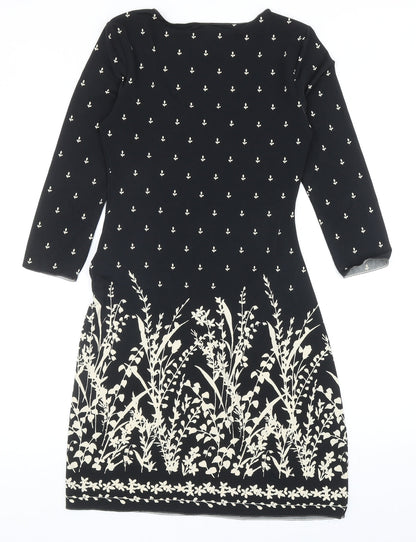 Studio Womens Black Floral Polyester A-Line Size S Scoop Neck Pullover