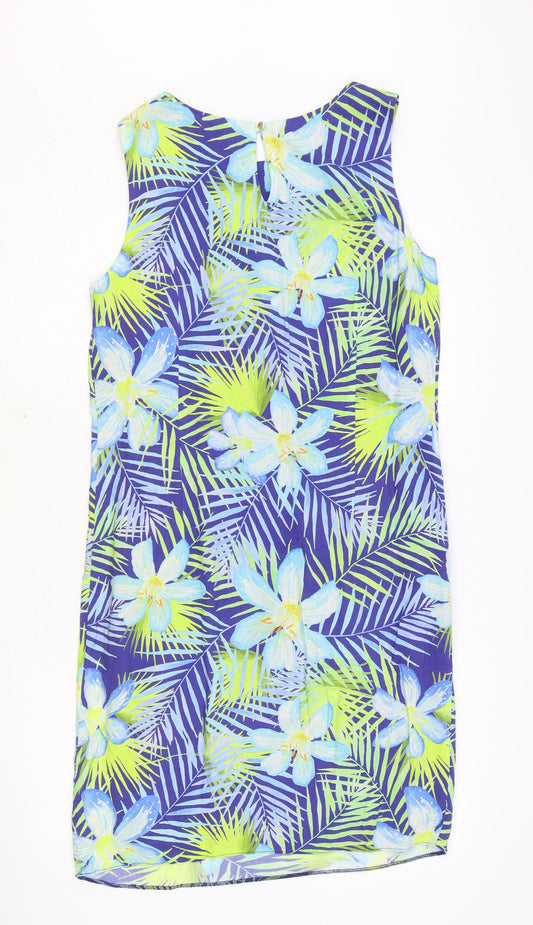 M&Co Womens Blue Floral Viscose Tank Dress Size 10 Boat Neck Button
