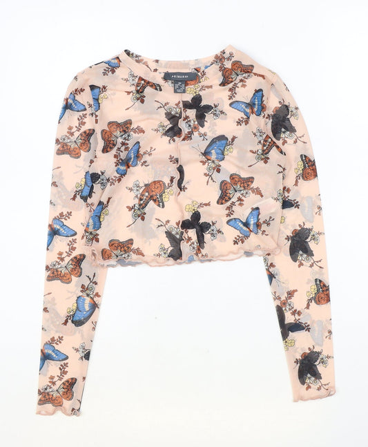 Primark Womens Pink Geometric Polyester Cropped Blouse Size XS Round Neck - Butterfly Pattern