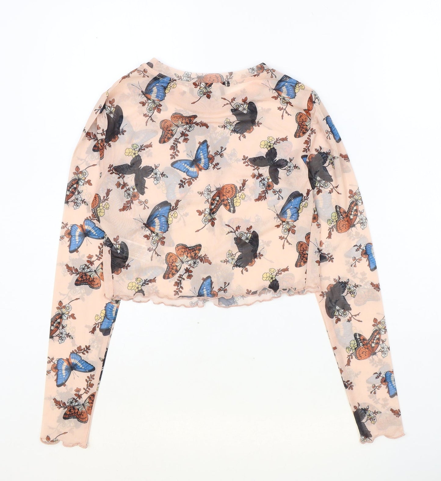 Primark Womens Pink Geometric Polyester Cropped Blouse Size XS Round Neck - Butterfly Pattern