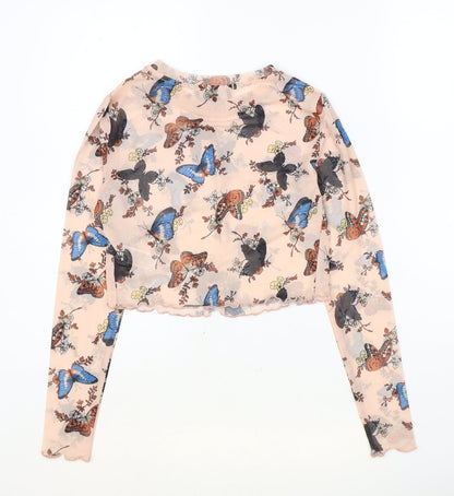 Primark Womens Pink Geometric Polyester Cropped Blouse Size XS Round Neck - Butterfly Pattern