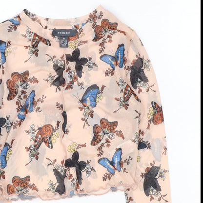 Primark Womens Pink Geometric Polyester Cropped Blouse Size XS Round Neck - Butterfly Pattern