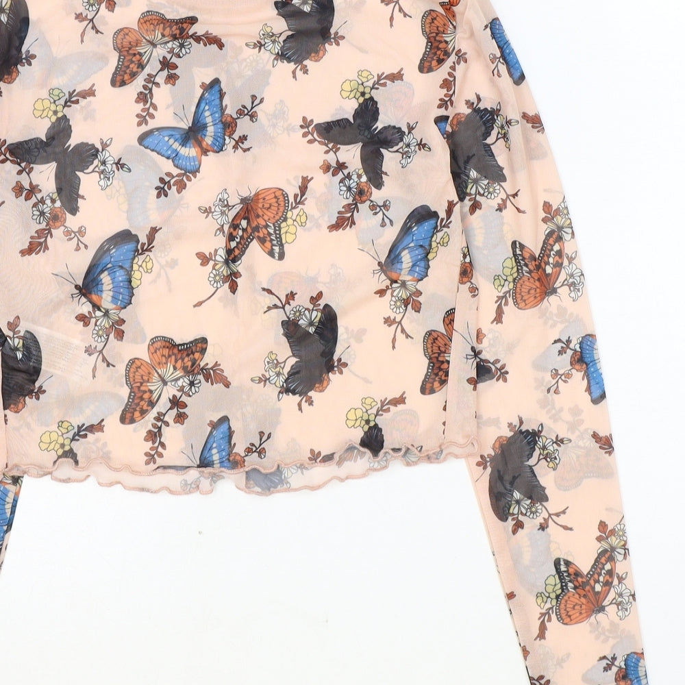 Primark Womens Pink Geometric Polyester Cropped Blouse Size XS Round Neck - Butterfly Pattern