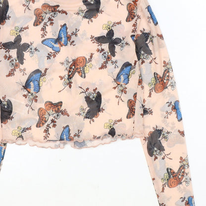 Primark Womens Pink Geometric Polyester Cropped Blouse Size XS Round Neck - Butterfly Pattern