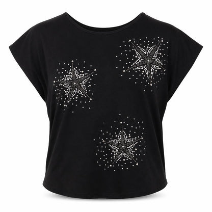 Miss Charm Paris Womens Black Viscose Basic T-Shirt Size L Round Neck - Star