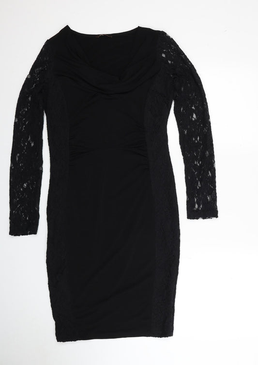 Savoir Womens Black Polyester Bodycon Size 10 Cowl Neck Pullover - Lace Sleeves