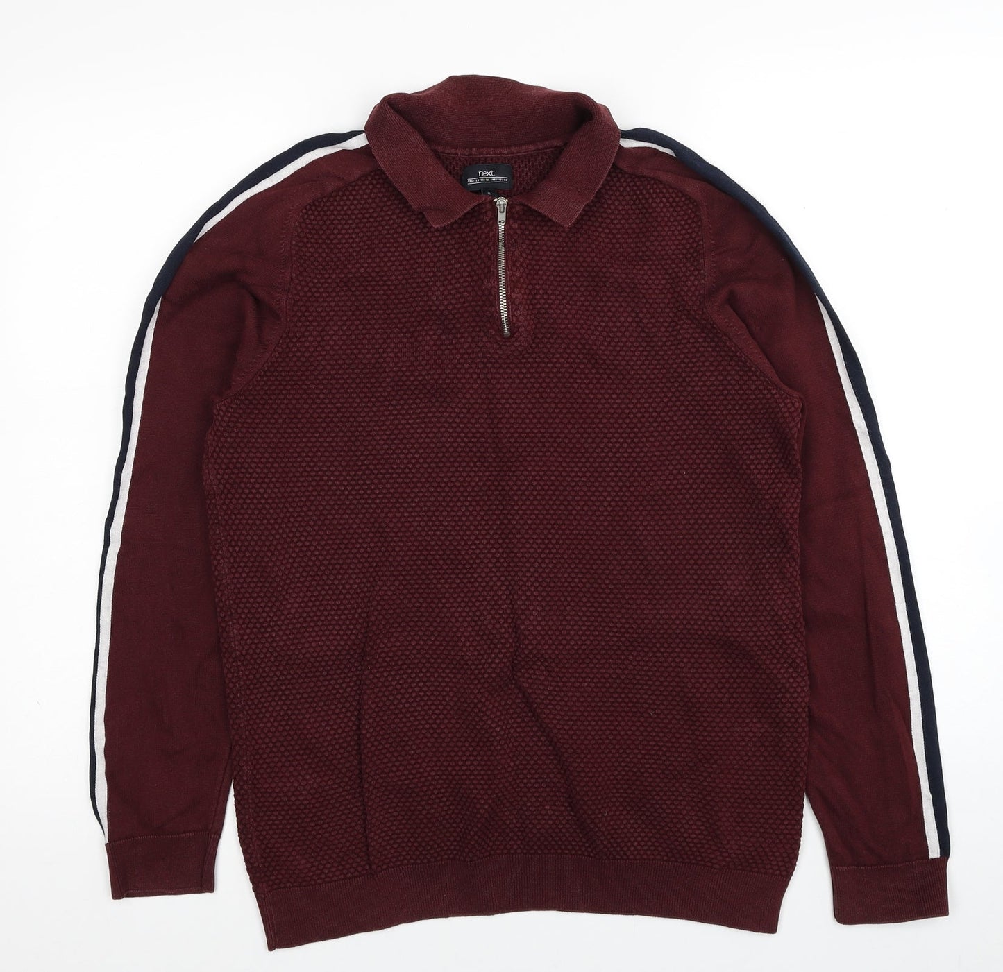 NEXT Mens Red Collared Cotton Pullover Jumper Size M Long Sleeve - Sleeve Stripe Detail