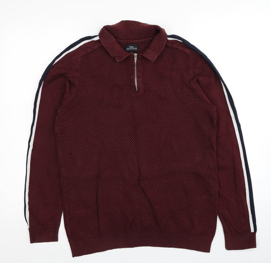 NEXT Mens Red Collared Cotton Pullover Jumper Size M Long Sleeve - Sleeve Stripe Detail