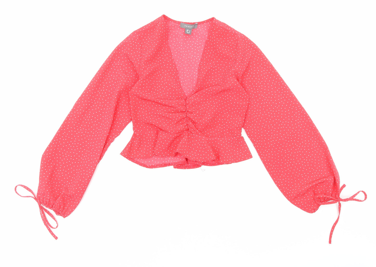 Primark Womens Red Polka Dot Polyester Cropped Blouse Size 4 V-Neck