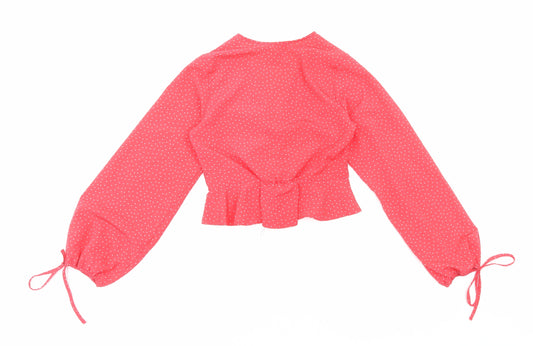 Primark Womens Red Polka Dot Polyester Cropped Blouse Size 4 V-Neck