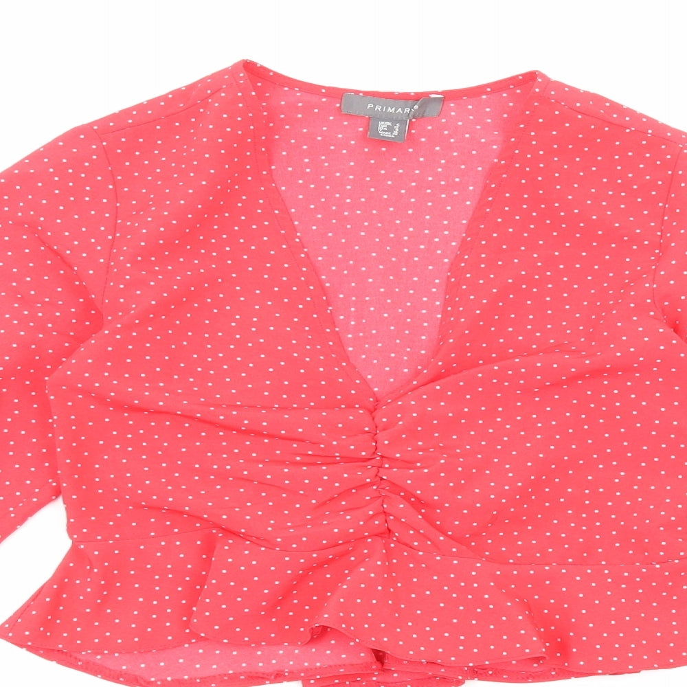 Primark Womens Red Polka Dot Polyester Cropped Blouse Size 4 V-Neck